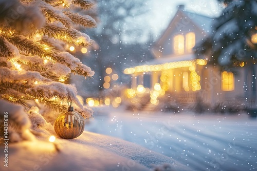 Snowy Christmas scene with a decorated house and tree