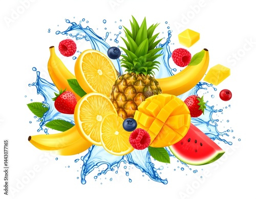 A burst of fresh tropical fruits, including pineapple, mango, papaya, and watermelon, splashing with vibrant colors and refreshing water droplets