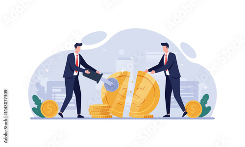 Two businessmen in dark suits and red ties work together to cut a large golden coin in half with a saw, symbolizing shared cost reduction, budget division, or financial restructuring