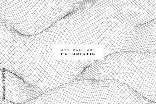 futuristic abstract digital black wave line art, technology wireframe landscape, dynamic 3d terrain mesh with particle grid, cyber data flow visualization for modern sci-fi background creative design