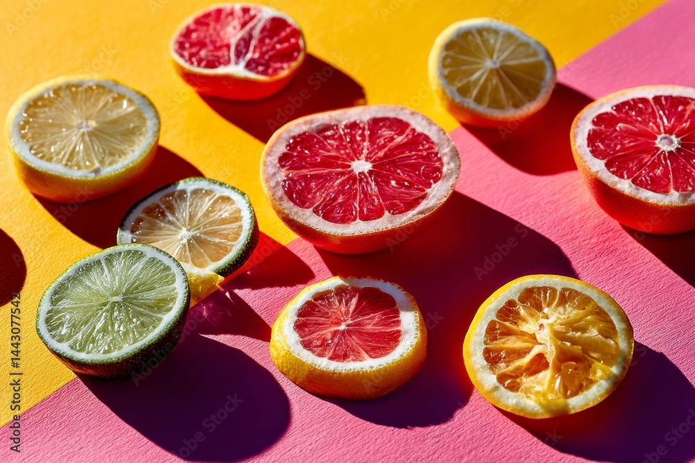 Fresh citrus fruit slices on a bright colorful background.