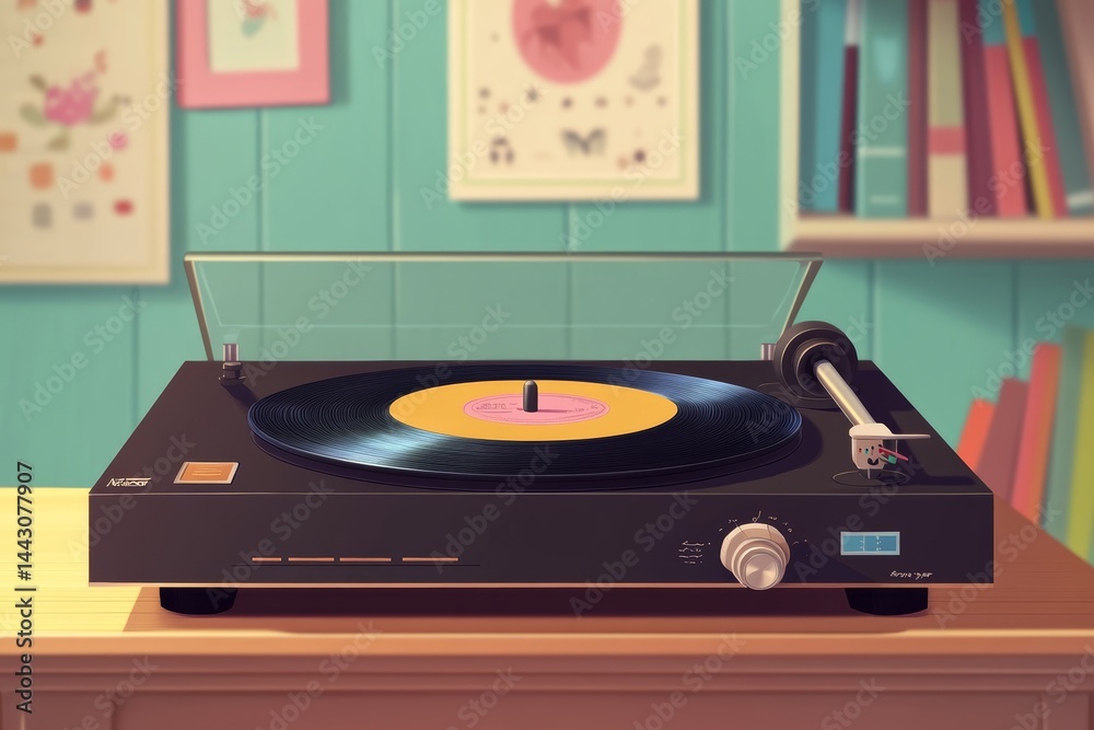 Retro vinyl records with a classic turntable in the background.
