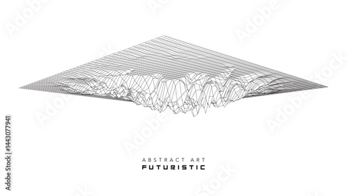 futuristic abstract digital black wave line art, technology wireframe landscape, dynamic 3d terrain mesh with particle grid, cyber data flow visualization for modern sci-fi background creative design