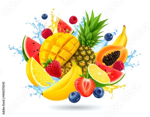 A burst of fresh tropical fruits, including pineapple, mango, papaya, and watermelon, splashing with vibrant colors and refreshing water droplets