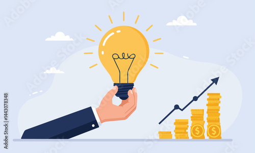 A hand in a business suit holds a glowing light bulb, symbolizing a bright idea, next to a rising graph and stacks of coins, illustrating innovative solutions leading to financial growth.