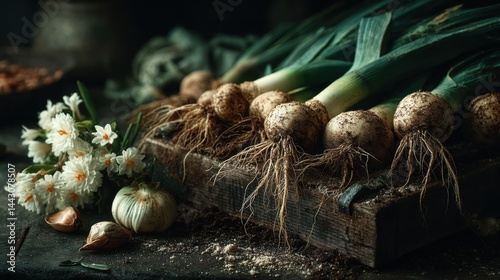 Freshly harvested leeks and garlic bulbs with daffodils on wood surface