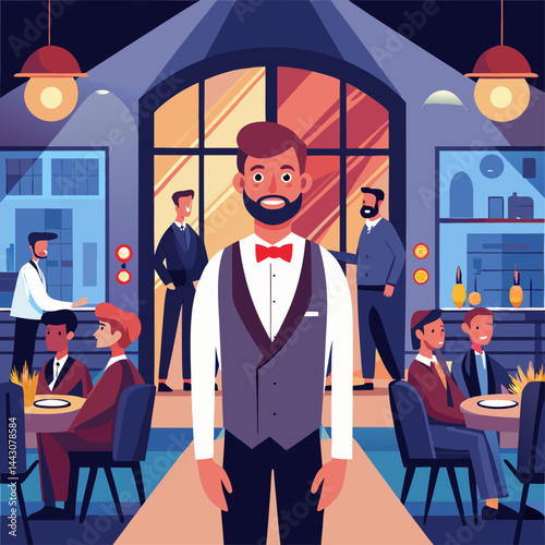 A man in a suit stands in front of a restaurant with a group of people. The man is smiling and he is a waiter. The restaurant is decorated with lights and has a cozy atmosphere