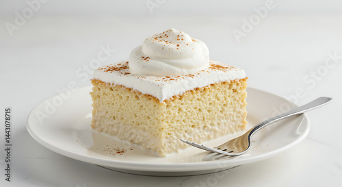 A slice of tres leches cake soaked in sweet milk and topped with whipped cream and cinnamon, served with a fork on a white plate, white background