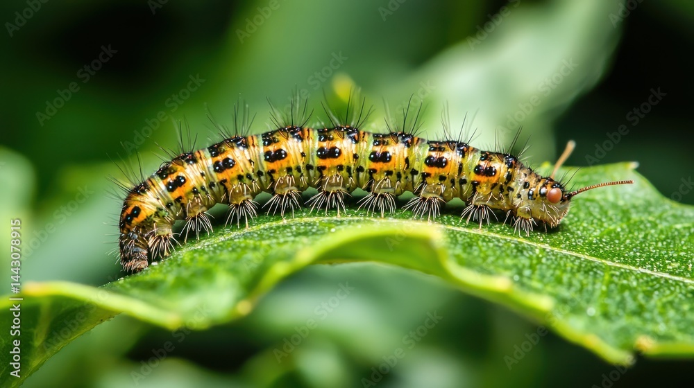 Fototapeta premium A caterpillar close-up munching on a green leaf