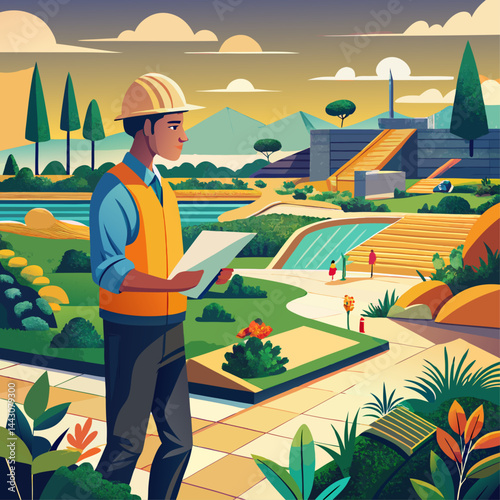 A man in a yellow vest is standing in a lush green field, looking at a piece of paper. The scene is peaceful and serene, with a beautiful landscape in the background