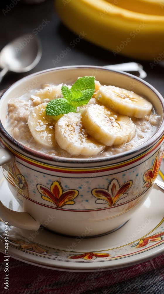 Delicious and healthy breakfast bowl of oatmeal with banana slices and fresh mint on dark background creating a cozy and inviting atmosphere with natural light Delicious and healthy breakfast bowl of oatmeal with banana slices and fresh mint on dark background creating a cozy and inviting atmosphere with natural light