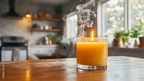 A lit scented candle in a glass jar sits on a wooden table in a bright kitchen, its warm glow and fragrant smoke filling the air. photo
