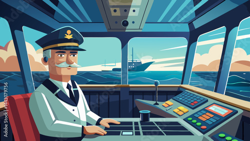A man in a captain's hat is sitting at a control panel. The image is a cartoonish rendering of a ship's captain
