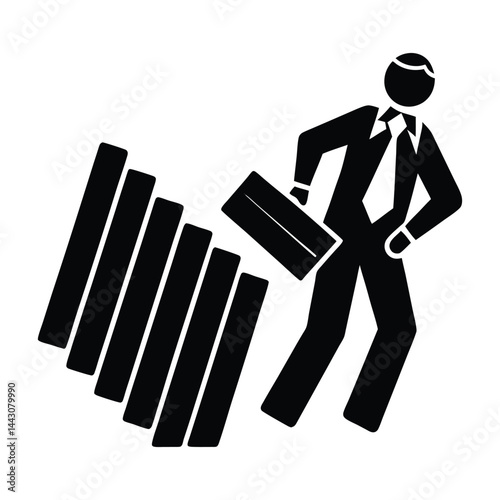 Conceptual business illustration of upcoming business problem metaphor with falling domino and businessman silhouette 