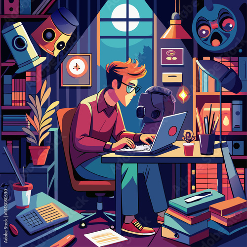 A man is sitting at a desk with a laptop and a skull on the desk. The room is cluttered with books and other items, giving the impression of a busy and creative workspace