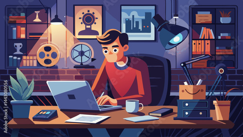 A man is sitting at a desk with a laptop and a skull on the desk. The room is cluttered with books and other items, giving the impression of a busy and creative workspace