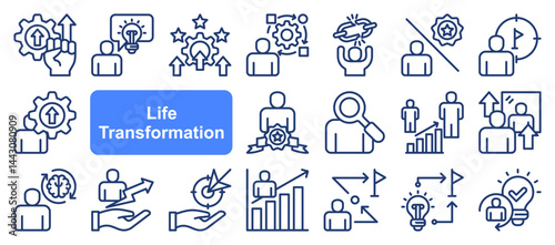 Life transformation icon collection set. Containing change, growth, development, evolution, transition, progress, metamorphosis, adaptation, renewal icon. Simple lvector illustration.