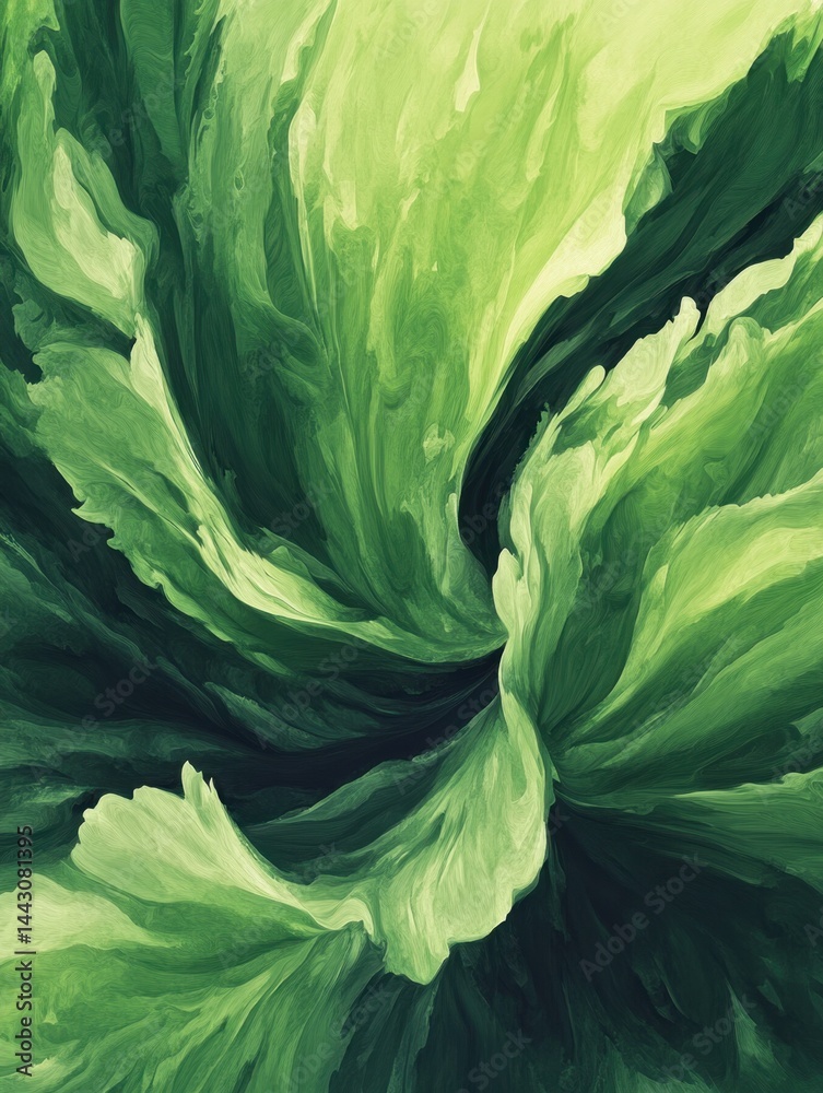 Obraz premium Abstract green swirl of leafy textures evoking nature's organic growth and vibrant energy in a modern artistic style with a calming and fresh aesthetic