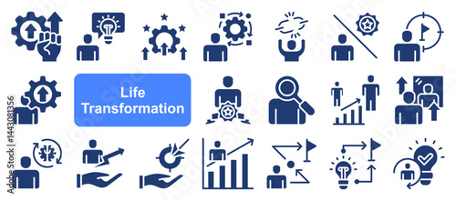 Life transformation icon collection set. Containing change, growth, development, evolution, transition, progress, metamorphosis, adaptation, renewal icon. Simple lvector illustration.