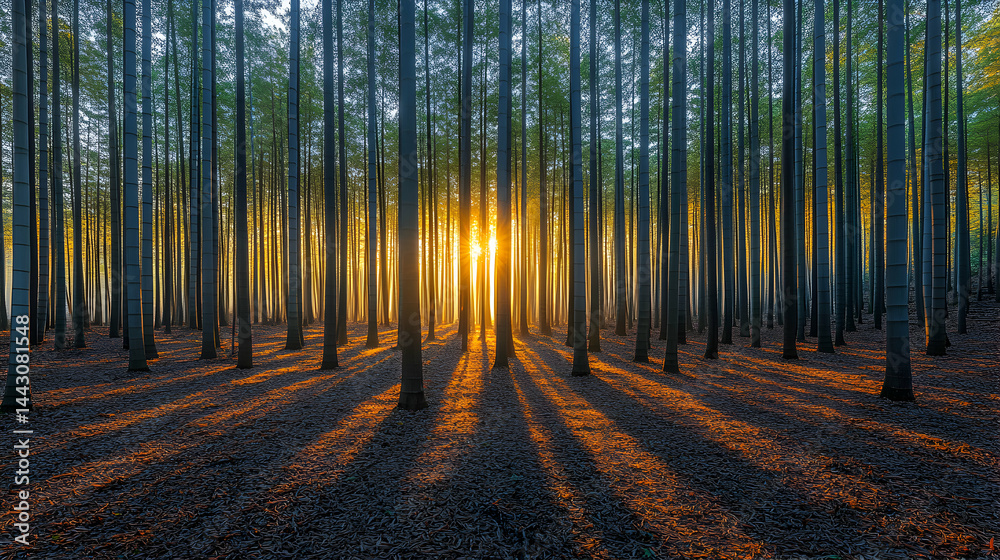 Naklejka premium Serene sunset illuminating a dense bamboo forest, casting long shadows on the forest floor. Golden hour light filters through the tall, slender bamboo stalks.
