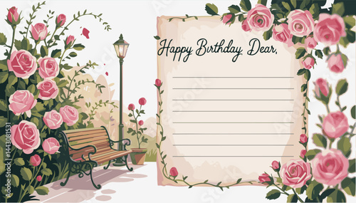 Happy birthday greeting card with a picture of flowers and rose leaves near a bench and a street lamp. Romantic holiday atmosphere. Color vector illustration. EPS.