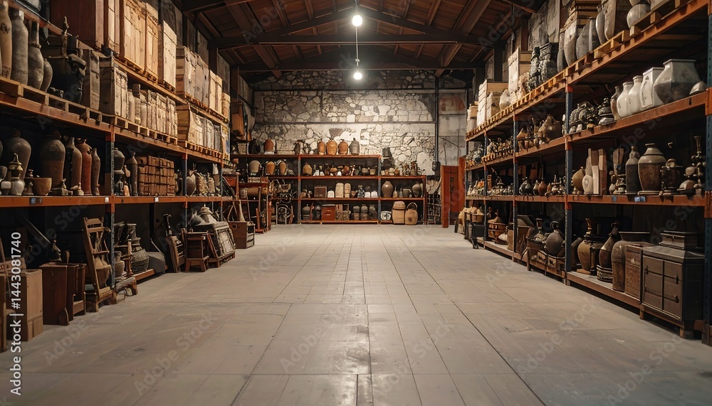 Antique Pottery and Artifacts Stored in a Warehouse Rows of Shelves Filled with Vintage Collectibles Antique Pottery and Artifacts Stored in a Warehouse Rows of Shelves Filled with Vintage Collectibles