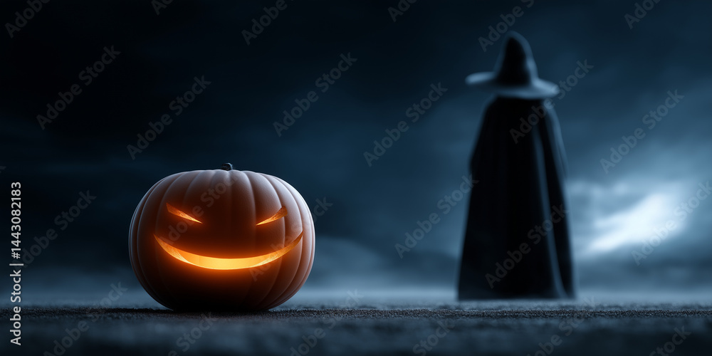 Leuchtender Halloween-Kürbis mit dunkler Silhouette im mystischen Nebel bei Nacht