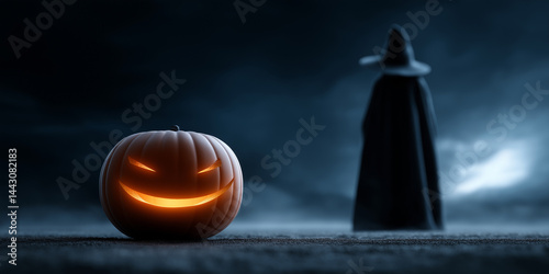 Obraz na płótnie Leuchtender Halloween-Kürbis mit dunkler Silhouette im mystischen Nebel bei Nacht w salonie