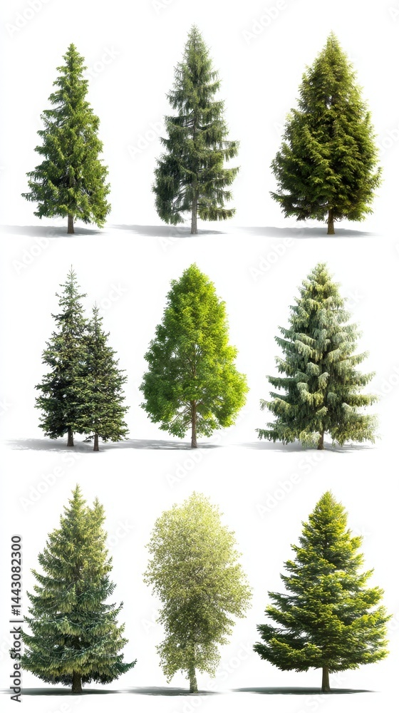 Obraz premium Diverse collection of isolated evergreen trees on a white background showcasing various shapes and sizes in a studio shot with natural light and a clean aesthetic