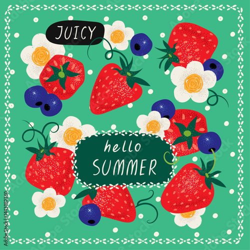 juicy strawberry summer card or cover, textured grain, square creative vector illustration, fruits, berries, hand drawn elements, daisy flower, frame, dots, hello summer