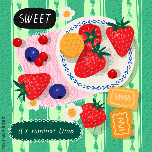 summer strawberry grain textured cute season illustration, food, berries, daisy, hand drawn creative vector illustration 