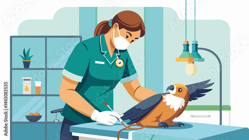 A woman in a green lab coat is examining a bird. The bird is on a table in front of her