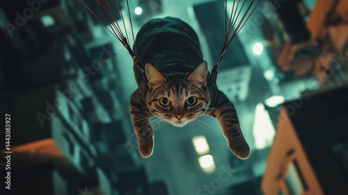 A Tabby Cat's Daredevil Descent: A High-Angle, Low-Light Shot of a Courageous Feline Suspended Mid-Air, Seemingly Parachuting from a Great Height Between Buildings, Capturing a Unique Perspective of