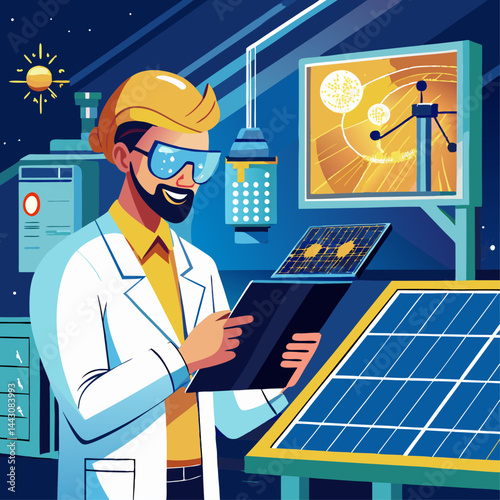 A man in a lab coat is working on a solar panel. Concept of innovation and progress, as the man is focused on improving the technology