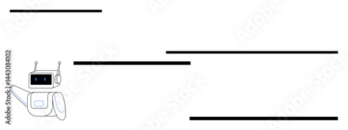 Robot waving with a friendly gesture next to sleek horizontal lines, suggesting technology, innovation, or digital interfaces. Ideal for technology, robotics, AI, education, simplicity apps simple