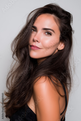Portrait of a Woman in Her Late Twenties with Long Brown Hair, Subtle Smile, and Bare Shoulders Against a Neutral Background;  A Study in Natural Beauty and Unpretentious Elegance.