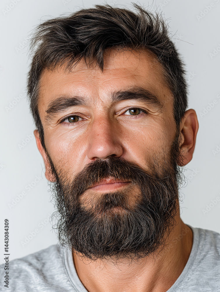 Obraz premium Intense Gaze: Portrait of a Man in his Early 40s with a Full Beard, Wearing a Blue Button-Down Shirt, Pensive Expression, Close-up Studio Shot