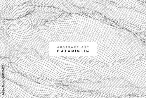 futuristic abstract digital black wave line art, technology wireframe landscape, dynamic 3d terrain mesh with particle grid, cyber data flow visualization for modern sci-fi background creative design
