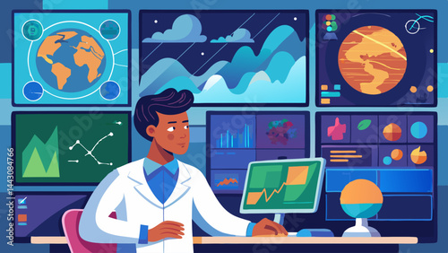 A man in a lab coat is pointing at a computer screen with a lot of graphs and numbers
