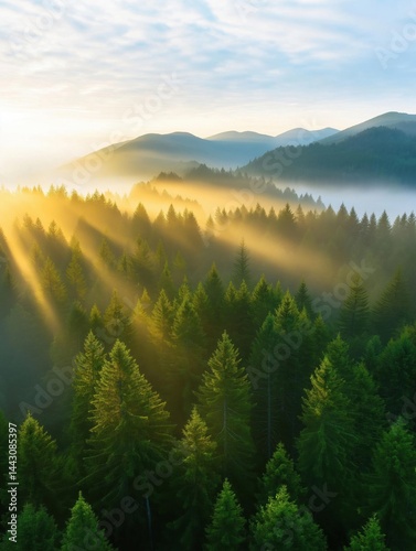 Landscape photograph of a forested area with a mountain range in the background. the sky is blue with a few clouds scattered across it.