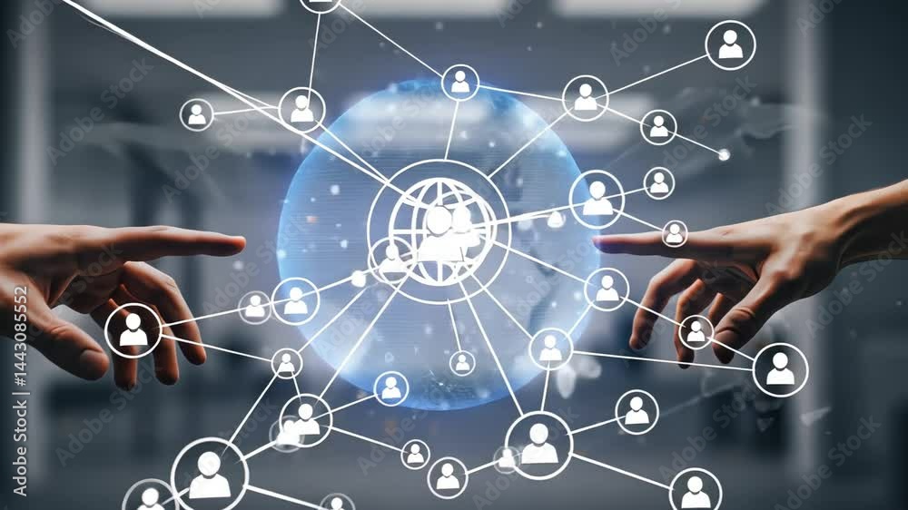 Futuristic humantechnology interaction with digital network and hand gesture interface