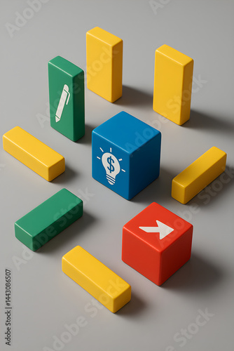 Modern 3D illustration with solid-colored cubes and dominoes featuring bulb with dollar, pen, and arrow icons on soft gray background, elevated angle with sharp studio lighting and high contrast.