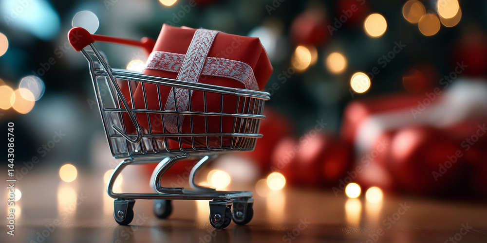 Miniatur-Einkaufswagen mit Weihnachtsgeschenk vor unscharfem festlichen Lichter-Hintergrund