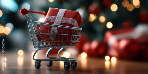 Obraz na płótnie Miniatur-Einkaufswagen mit Weihnachtsgeschenk vor unscharfem festlichen Lichter-Hintergrund w salonie