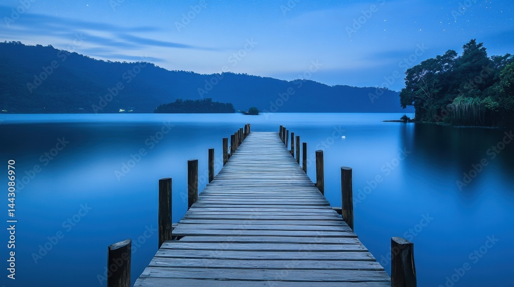 Serene twilight at lake Atitlan Guatemala with wooden pier leading to calm water and starry sky reflecting tranquil mood of nature and peaceful travel destination Serene twilight at lake Atitlan Guatemala with wooden pier leading to calm water and starry sky reflecting tranquil mood of nature and peaceful travel destination