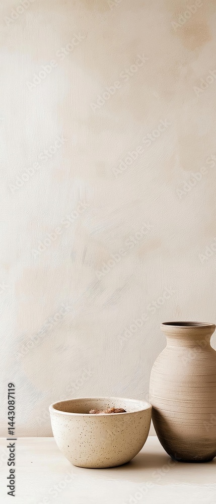 Two objects on a white surface. on the left side, there is a small bowl with a speckled texture. the bowl is empty and is placed next to a large vase. Two objects on a white surface. on the left side, there is a small bowl with a speckled texture. the bowl is empty and is placed next to a large vase.