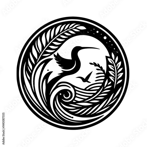 Black and White Graphic Circle Logo: Wading Bird, Water Waves, and Foliage. Minimalist Nature Symbol Illustration.