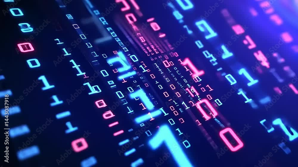 Binary code streams in vibrant colors on a dark background