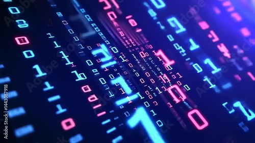Binary code streams in vibrant colors on a dark background