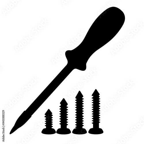 Screwdriver silhouette with screws and bolts on white background, renovation